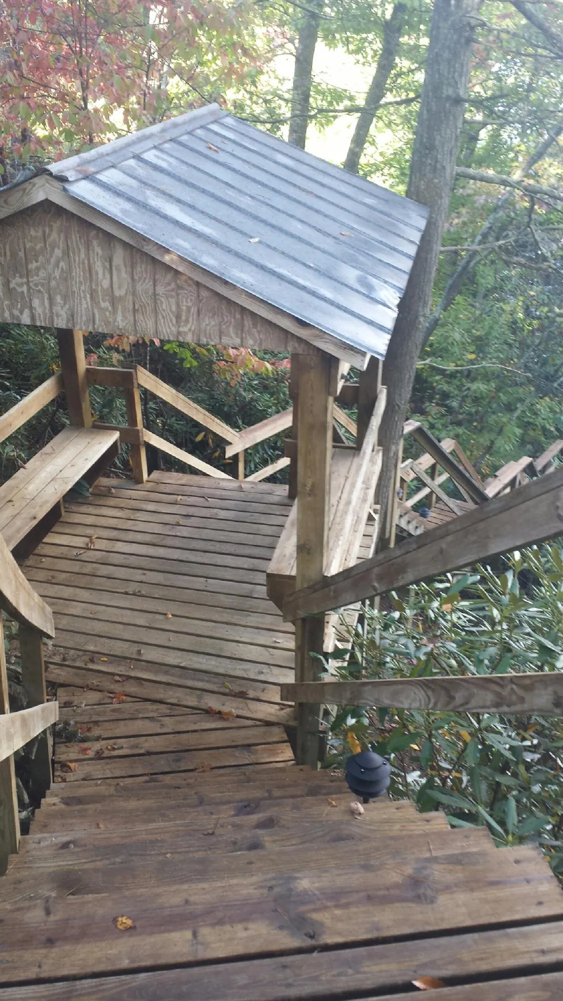 Metal roofed shelter over wooden steps on a wooded walkway — Skylight Repair & Installation work by our crew in Dearborn